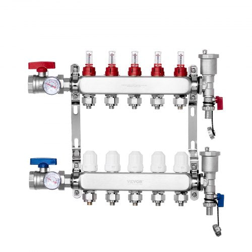 5-Branch Radiant Heat Manifold, 1/2" PEX Tubing Manifold, Stainless Steel PEX Manifold for Hydronic Radiant Floor Heating, Radiant Heat PEX Manifold Kit with 1/2" Adapters Included