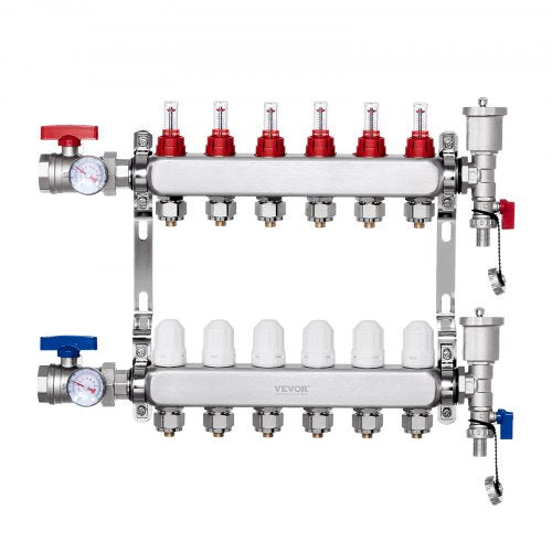 6-Branch Radiant Heat Manifold, 1/2" PEX Tubing Manifold, Stainless Steel PEX Manifold for Hydronic Radiant Floor Heating, Radiant Heat PEX Manifold Kit with 1/2" Adapters Included