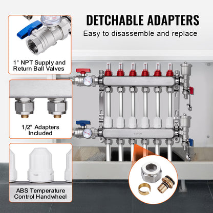 6-Branch Radiant Heat Manifold, 1/2" PEX Tubing Manifold, Stainless Steel PEX Manifold for Hydronic Radiant Floor Heating, Radiant Heat PEX Manifold Kit with 1/2" Adapters Included