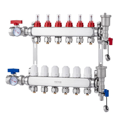 6-Branch Radiant Heat Manifold, 1/2" PEX Tubing Manifold, Stainless Steel PEX Manifold for Hydronic Radiant Floor Heating, Radiant Heat PEX Manifold Kit with 1/2" Adapters Included