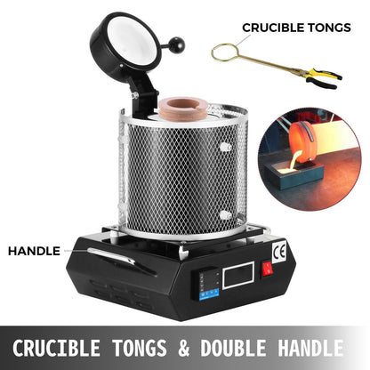 Guldsmältugn, 1350W, 1150℃ maxtemperatur, digital elektrisk smältugn, med 3 kg keramisk degel, för gjutning av ädla metaller, smälter guld, silver, aluminium