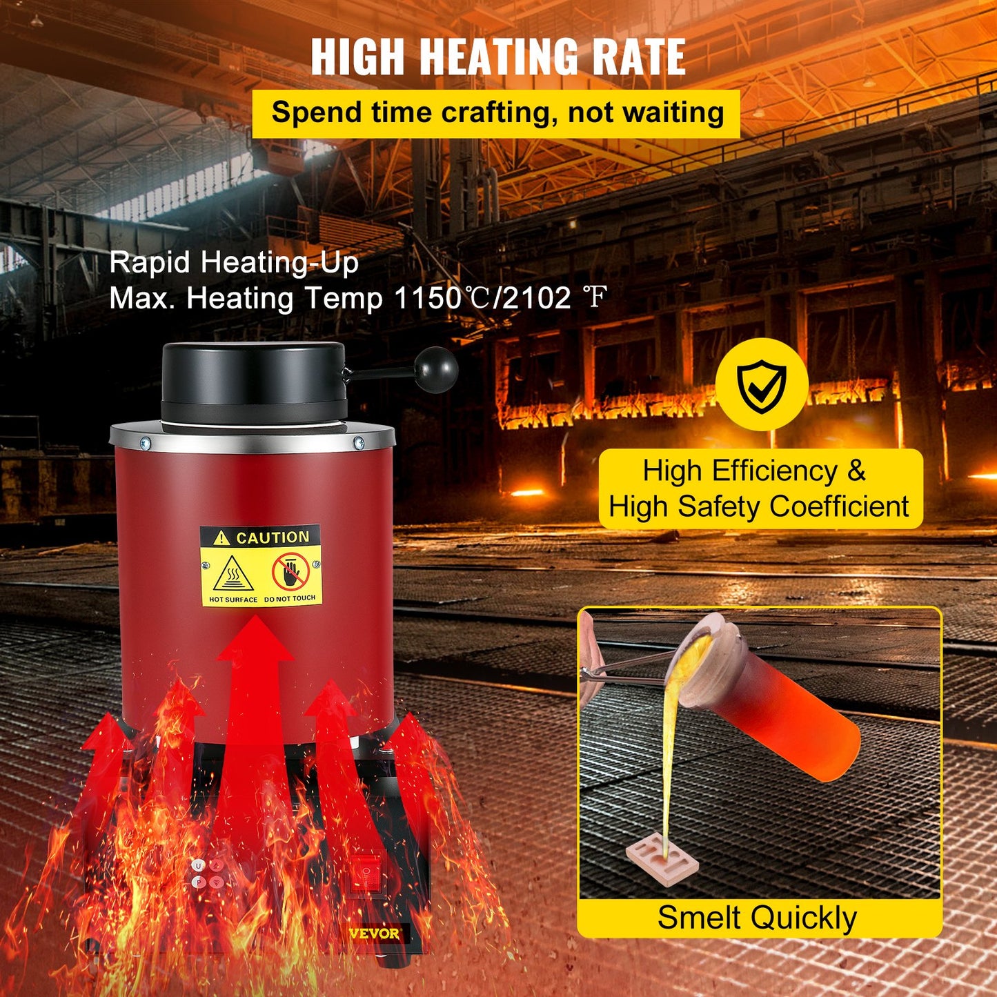 Guldsmältugn, 1350W, 1150 ℃ maxtemperatur, digital elektrisk smältugn, med 3 kg keramisk degel, götform och handskar, för bearbetning av guld, silver, koppar och aluminium.