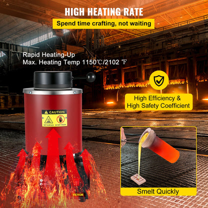 Guldsmältugn, 1350W, 1150 ℃ maxtemperatur, digital elektrisk smältugn, med 3 kg keramisk degel, götform och handskar, för bearbetning av guld, silver, koppar och aluminium.