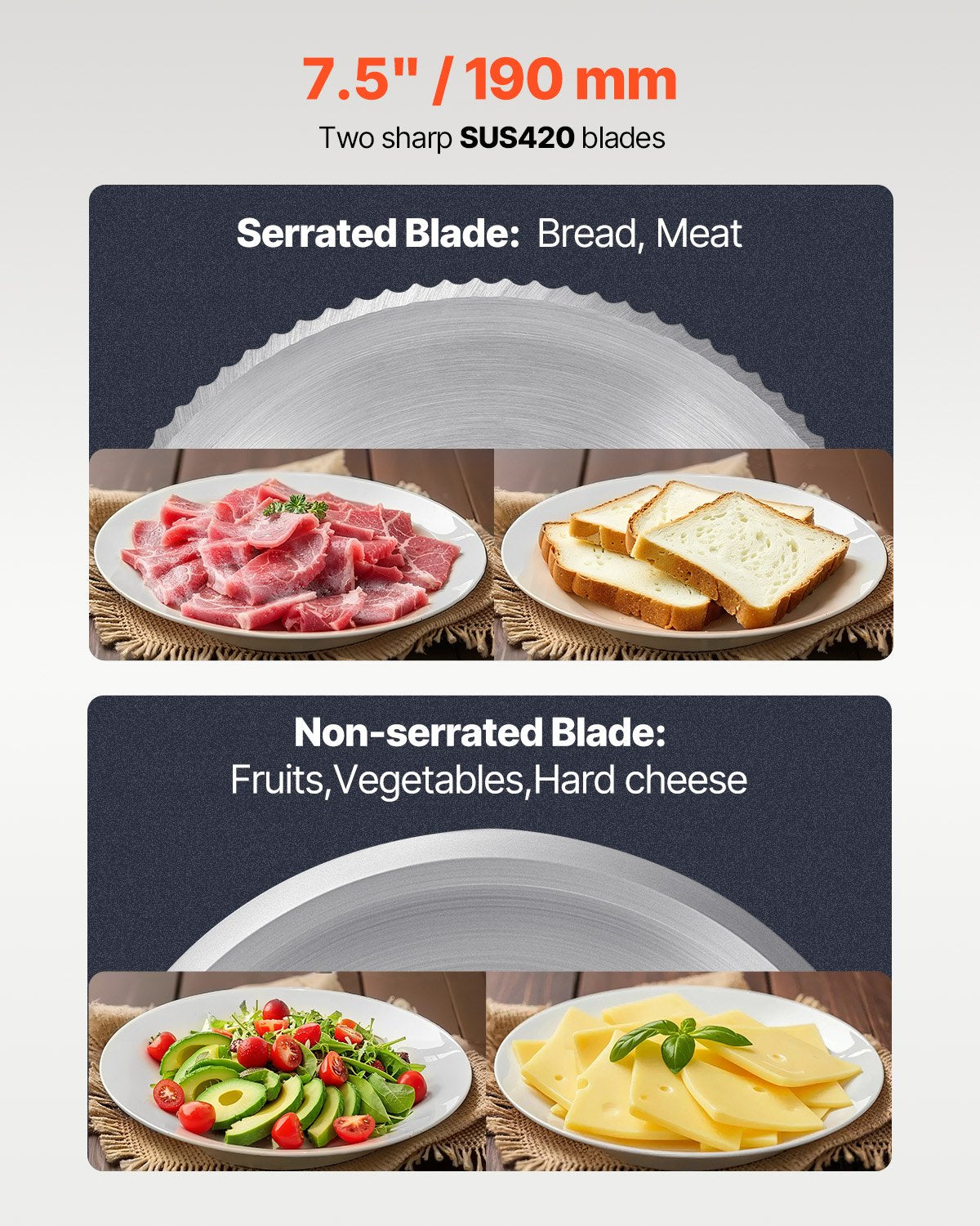 Meat Slicer, 7.5 inch Electric Deli Food Slicer, 180W Meat Cutter with two Premium SUS420 Blades, 0-0.6 inch Adjustable Thickness, Food Slicer Machine for Meat, Hard Bread and Cheese, Home Use