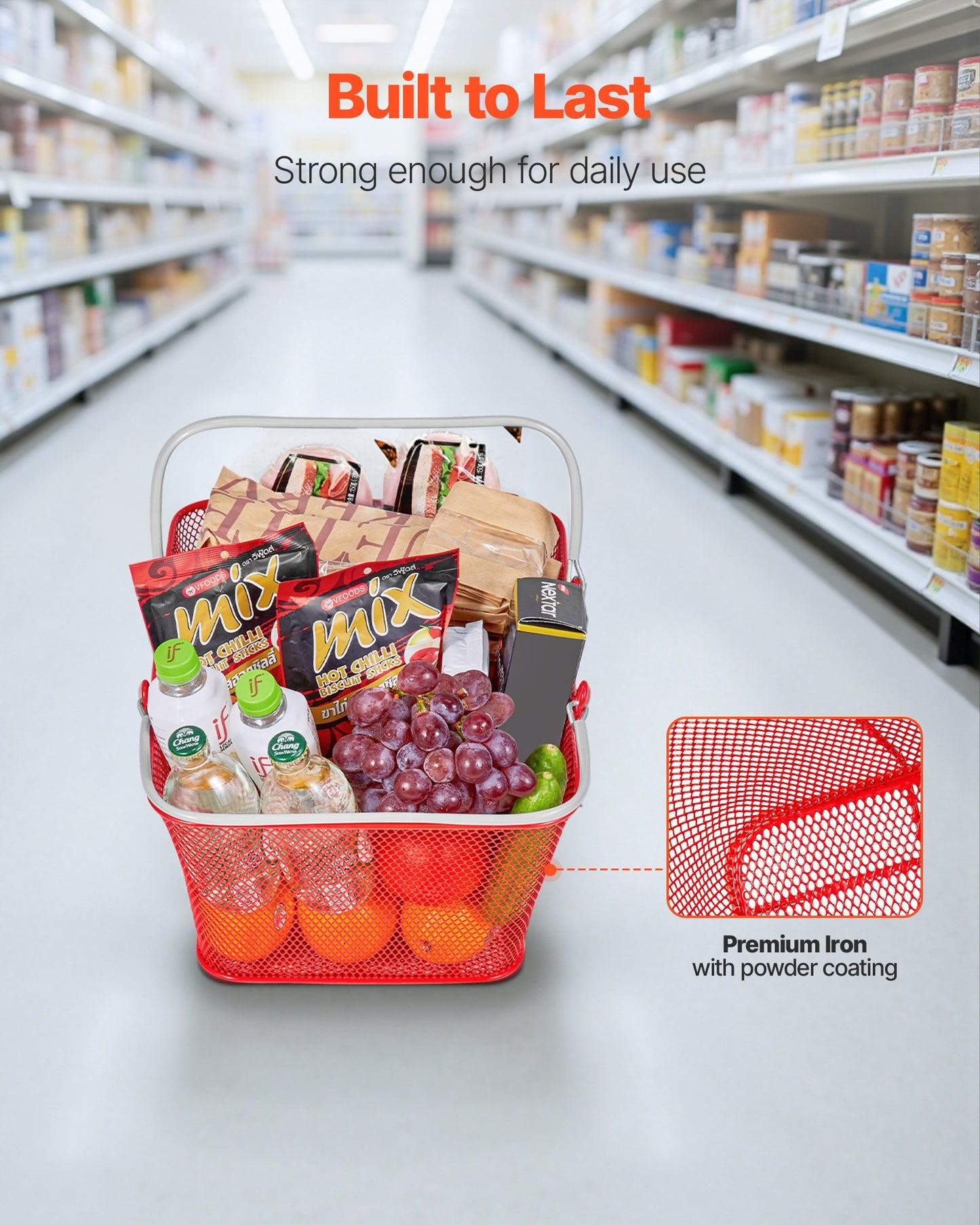Shopping Baskets, 12 PCS, 22L Stackable Metal Grocery Baskets with Handles, Dense Mesh Structure, Holds up to 20 kg, Portable for Grocery, Retail, Stores, Supermarket, Bookstore, Home Use, Red