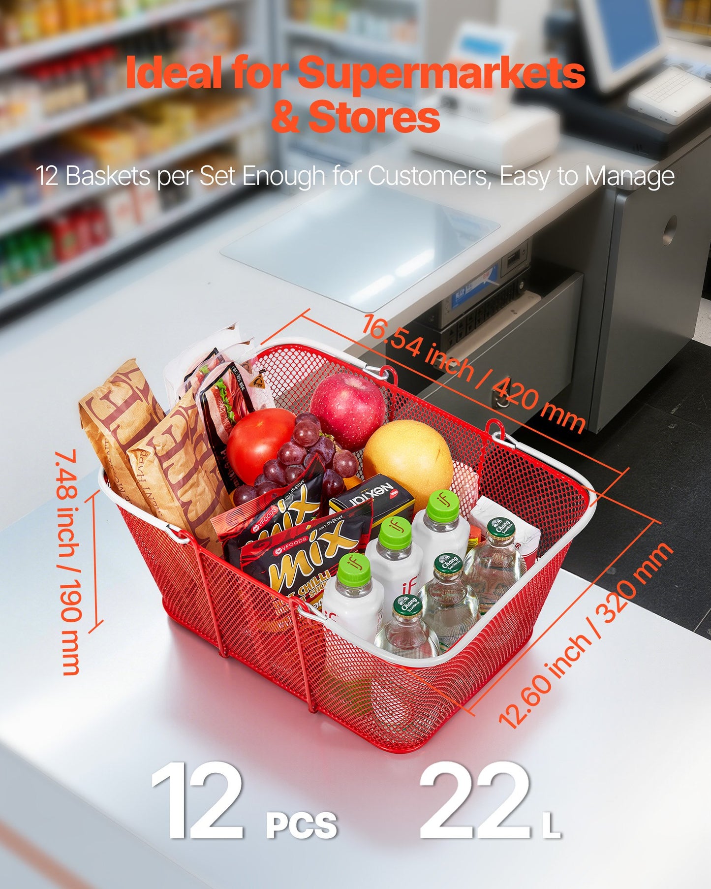 Shopping Baskets, 12 PCS, 22L Stackable Metal Grocery Baskets with Handles, Dense Mesh Structure, Holds up to 20 kg, Portable for Grocery, Retail, Stores, Supermarket, Bookstore, Home Use, Red