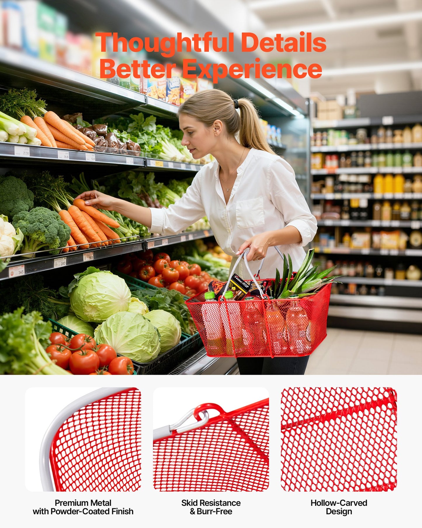 Shopping Baskets, 12 PCS, 22L Stackable Metal Grocery Baskets with Handles, Dense Mesh Structure, Holds up to 20 kg, Portable for Grocery, Retail, Stores, Supermarket, Bookstore, Home Use, Red