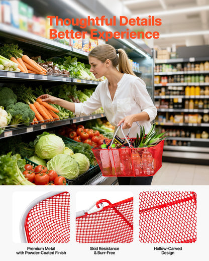 Shopping Baskets, 12 PCS, 22L Stackable Metal Grocery Baskets with Handles, Dense Mesh Structure, Holds up to 20 kg, Portable for Grocery, Retail, Stores, Supermarket, Bookstore, Home Use, Red