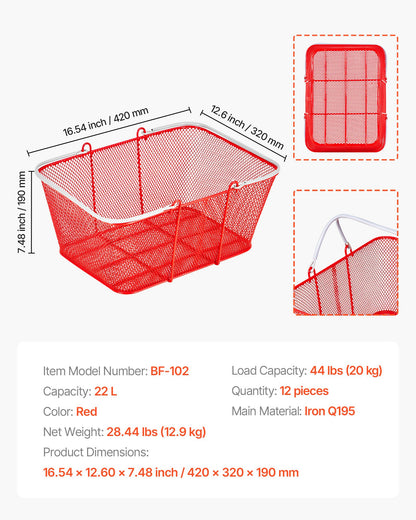 Shopping Baskets, 12 PCS, 22L Stackable Metal Grocery Baskets with Handles, Dense Mesh Structure, Holds up to 20 kg, Portable for Grocery, Retail, Stores, Supermarket, Bookstore, Home Use, Red