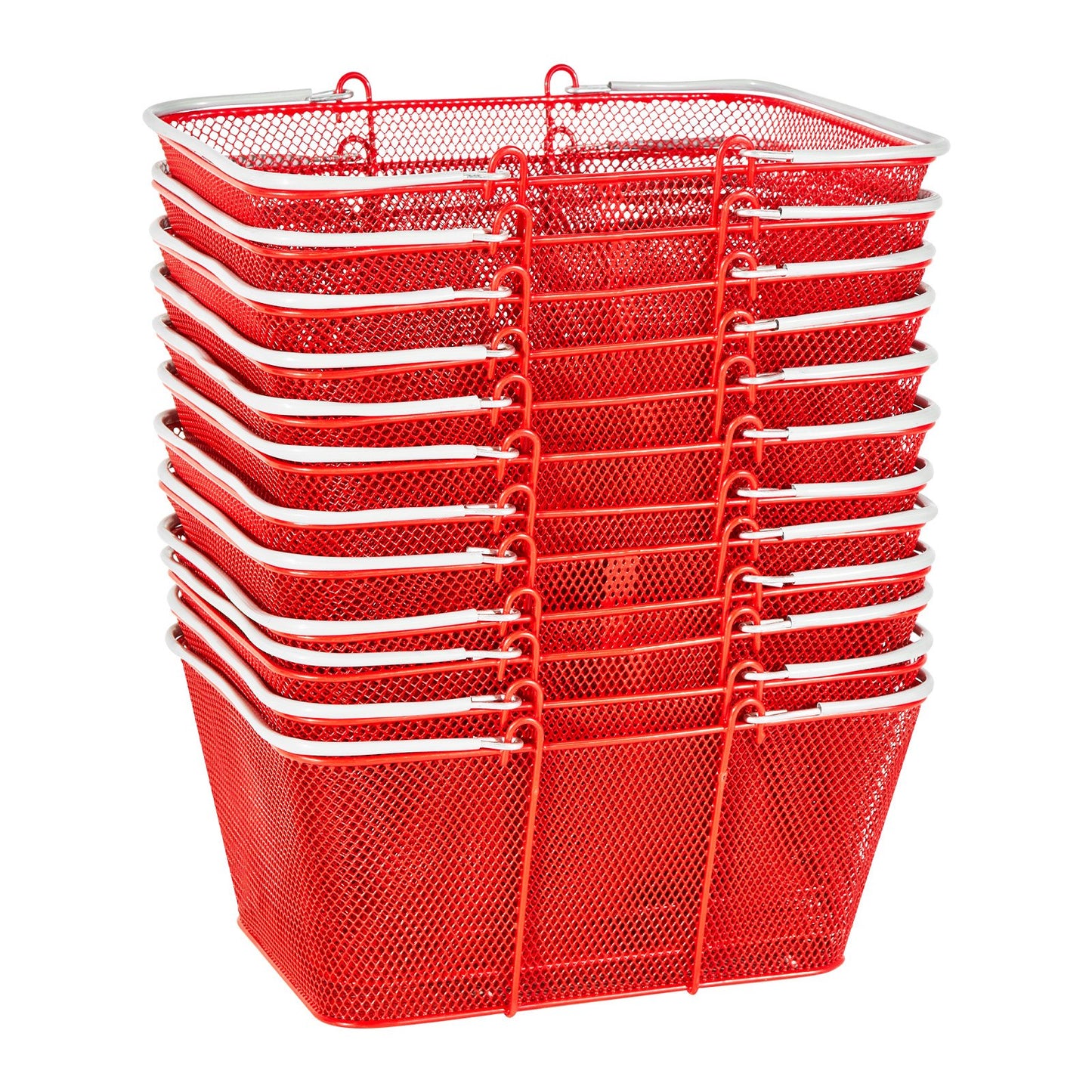 Shopping Baskets, 12 PCS, 22L Stackable Metal Grocery Baskets with Handles, Dense Mesh Structure, Holds up to 20 kg, Portable for Grocery, Retail, Stores, Supermarket, Bookstore, Home Use, Red