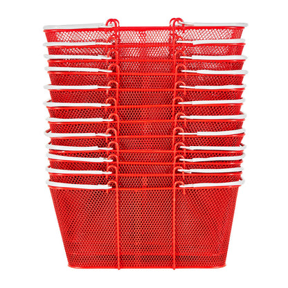 Shopping Baskets, 12 PCS, 22L Stackable Metal Grocery Baskets with Handles, Dense Mesh Structure, Holds up to 20 kg, Portable for Grocery, Retail, Stores, Supermarket, Bookstore, Home Use, Red