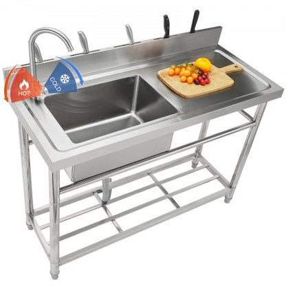Stainless Steel Utility Sink, 1 Compartment Free Standing Small Sink w/Workbench Faucet & legs, 100.1 x 48.5 x 95 cm Commercial Single Bowl Sinks for Garage, Restaurant, Laundry, NSF Certified