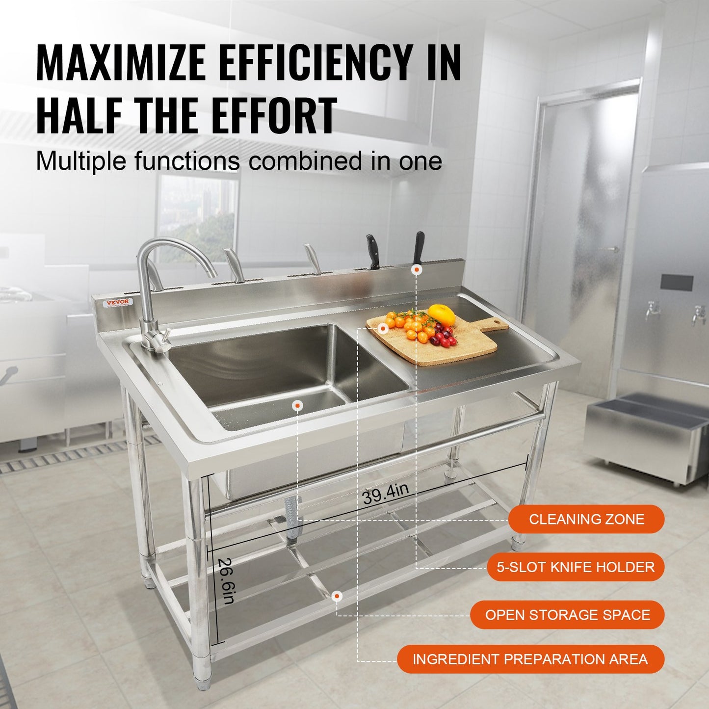 Stainless Steel Utility Sink, 1 Compartment Free Standing Small Sink w/Workbench Faucet & legs, 100.1 x 48.5 x 95 cm Commercial Single Bowl Sinks for Garage, Restaurant, Laundry, NSF Certified