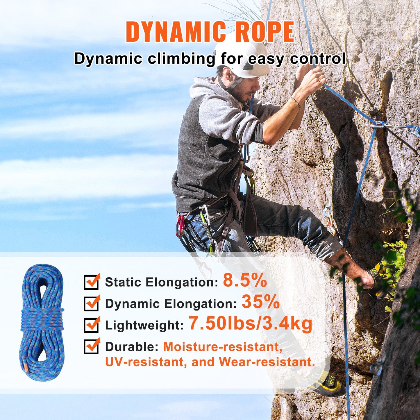 10.2mm Dynamic Climbing Rope, 50M(164ft) Outdoor Rock Climbing Rope 25KN Breaking Tension, Stretchable Fiber Rope with Steel Snap Hooks for Escape, Rappelling, Fire Rescue, Blue