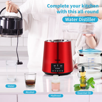 Water Distiller, 1 L/H, 4L Distilled Water Maker with 0-99 H Timing, 750W Countertop Water Purifier with Dual Temp Display, Glass Carafe Cleaning Powder 3 Carbon Packs Equipped, FDA Approved, Re