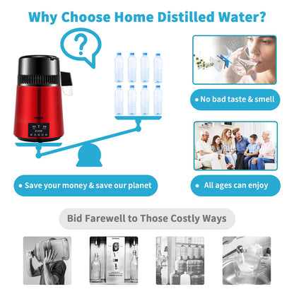 Water Distiller, 1 L/H, 4L Distilled Water Maker with 0-99 H Timing, 750W Countertop Water Purifier with Dual Temp Display, Glass Carafe Cleaning Powder 3 Carbon Packs Equipped, FDA Approved, Re
