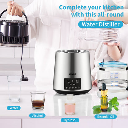 Water Distiller, 1 L/H, 4L Distilled Water Maker with 0-99 H Timing, 750W Countertop Water Purifier with Dual Temp Display, Glass Carafe Cleaning Powder 3 Carbon Packs Equipped, FDA Approved, Si