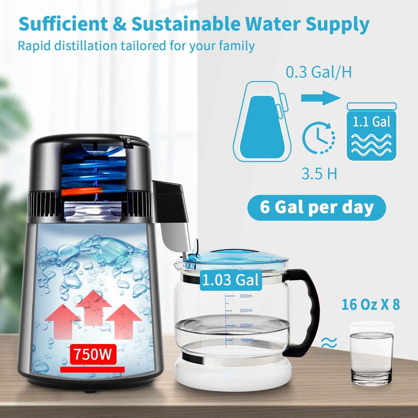 Water Distiller, 1 L/H, 4L Distilled Water Maker with 0-99 H Timing, 750W Countertop Water Purifier with Dual Temp Display, Glass Carafe Cleaning Powder 3 Carbon Packs Equipped, FDA Approved, Si