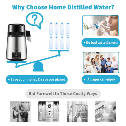 Water Distiller, 1 L/H, 4L Distilled Water Maker with 0-99 H Timing, 750W Countertop Water Purifier with Dual Temp Display, Glass Carafe Cleaning Powder 3 Carbon Packs Equipped, FDA Approved, Si