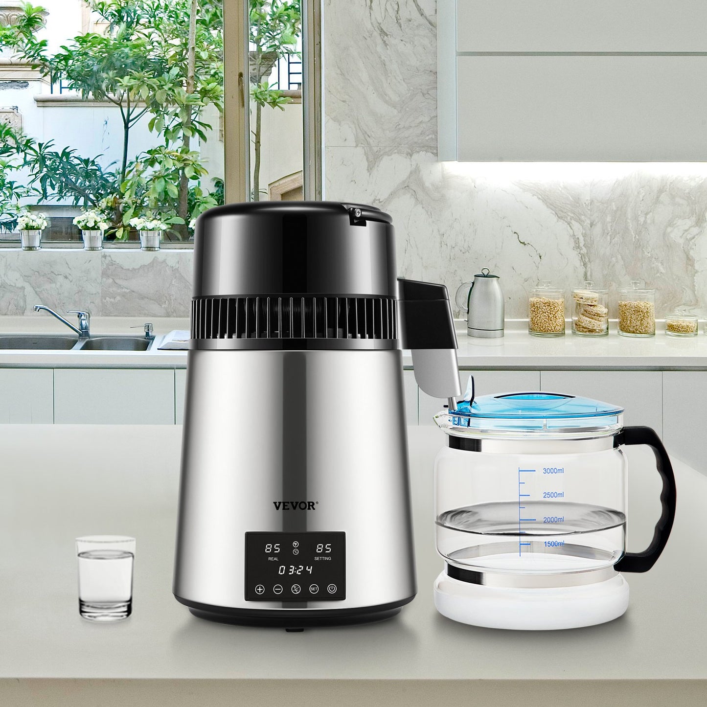 Water Distiller, 1 L/H, 4L Distilled Water Maker with 0-99 H Timing, 750W Countertop Water Purifier with Dual Temp Display, Glass Carafe Cleaning Powder 3 Carbon Packs Equipped, FDA Approved, Si