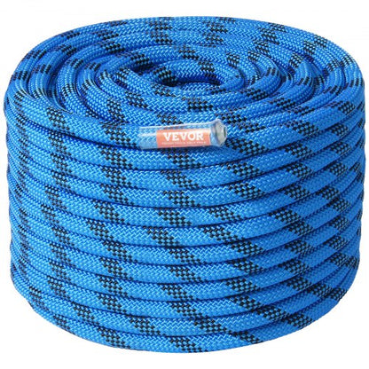 12.7mm Static Climbing Rope, 38M(125ft) Outdoor Rock Climbing Rope 30KN Breaking Tension, Fiber Rope with Steel Snap Hooks for Escape, Rappelling, Fire Rescue, Blue