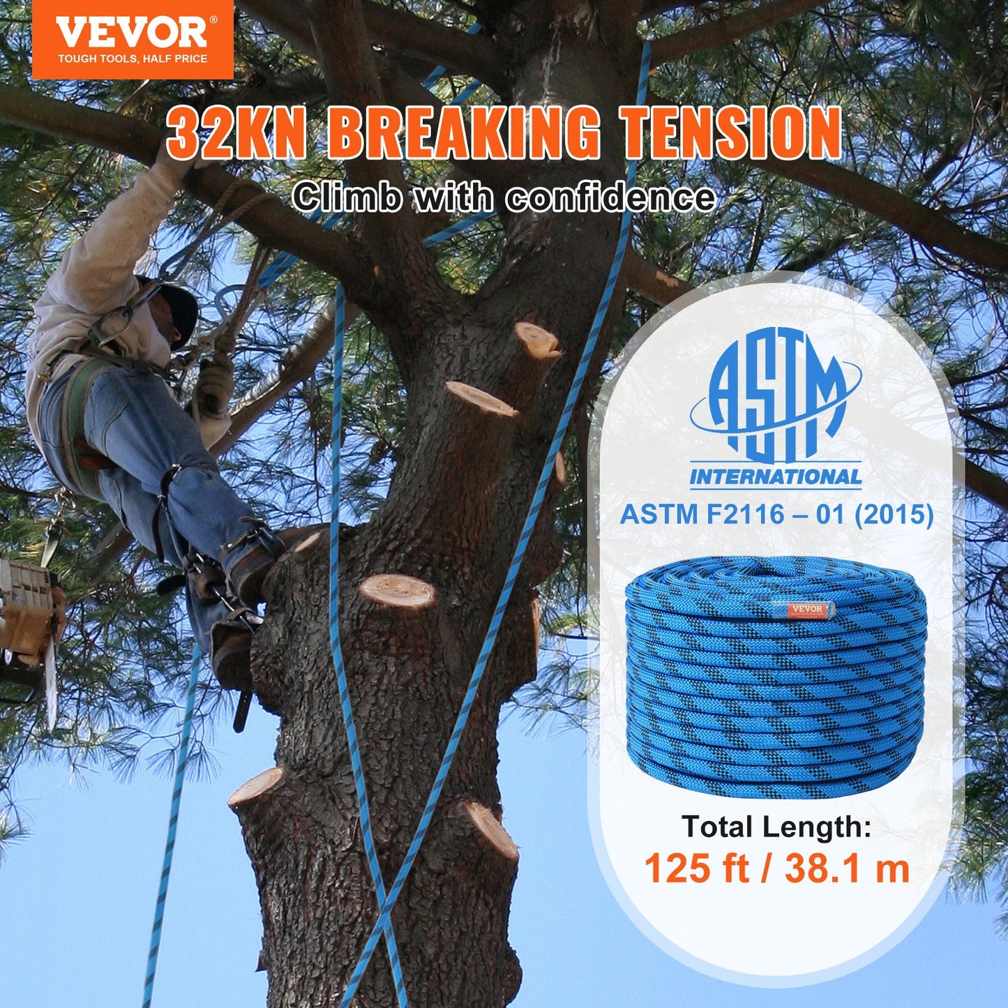 12.7mm Static Climbing Rope, 38M(125ft) Outdoor Rock Climbing Rope 30KN Breaking Tension, Fiber Rope with Steel Snap Hooks for Escape, Rappelling, Fire Rescue, Blue