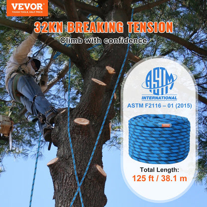12.7mm Static Climbing Rope, 38M(125ft) Outdoor Rock Climbing Rope 30KN Breaking Tension, Fiber Rope with Steel Snap Hooks for Escape, Rappelling, Fire Rescue, Blue