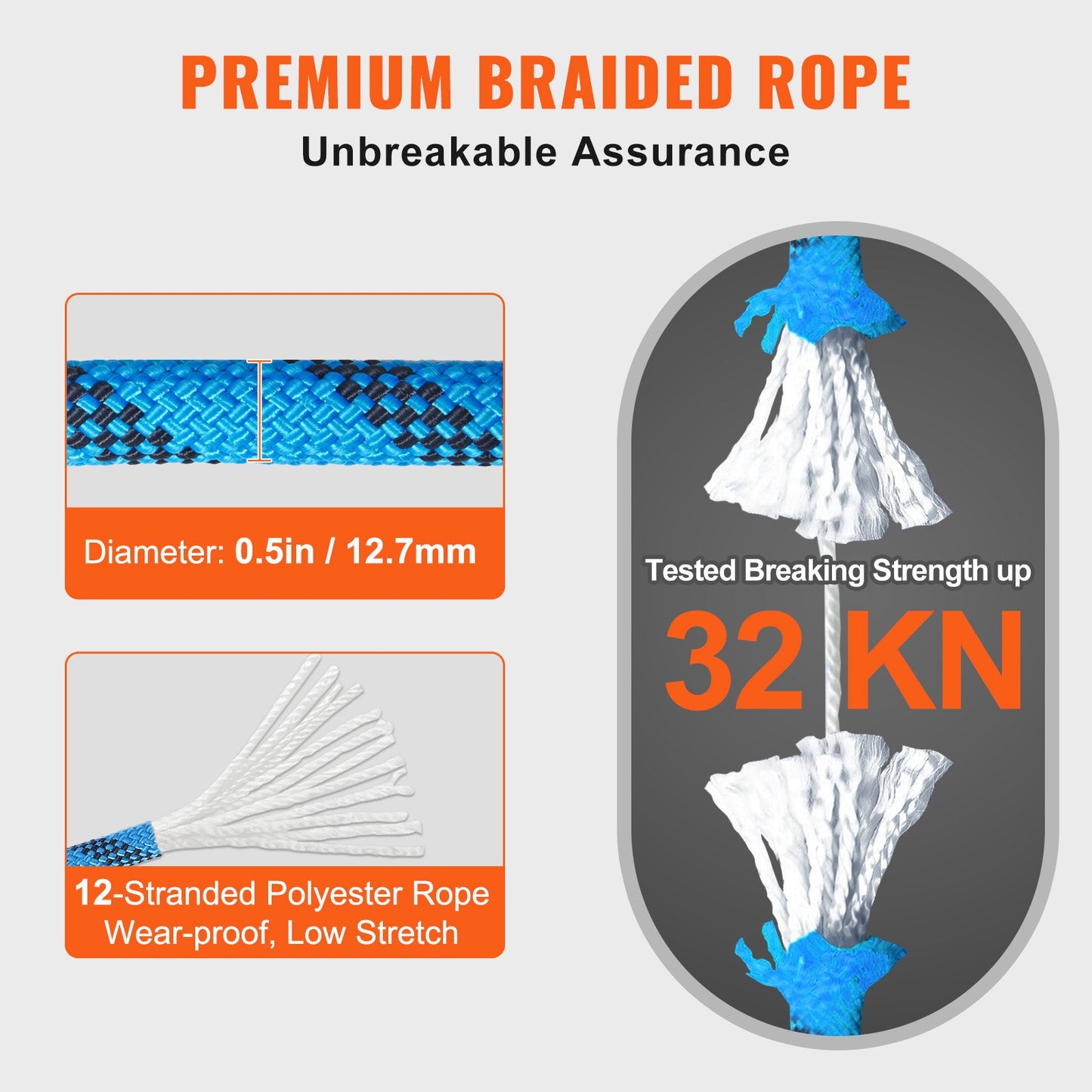 12.7mm Static Climbing Rope, 38M(125ft) Outdoor Rock Climbing Rope 30KN Breaking Tension, Fiber Rope with Steel Snap Hooks for Escape, Rappelling, Fire Rescue, Blue