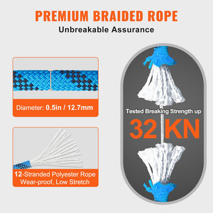 12.7mm Static Climbing Rope, 38M(125ft) Outdoor Rock Climbing Rope 30KN Breaking Tension, Fiber Rope with Steel Snap Hooks for Escape, Rappelling, Fire Rescue, Blue