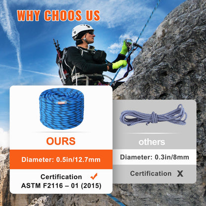 12.7mm Static Climbing Rope, 38M(125ft) Outdoor Rock Climbing Rope 30KN Breaking Tension, Fiber Rope with Steel Snap Hooks for Escape, Rappelling, Fire Rescue, Blue