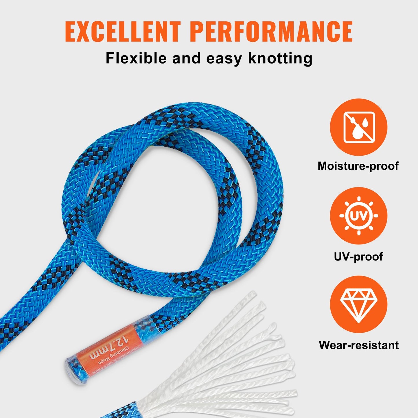 12.7mm Static Climbing Rope, 60.9M(200ft) Outdoor Rock Climbing Rope 30KN Breaking Tension, Fiber Rope for Escape, Rappelling, Fire Rescue, Blue