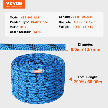 12.7mm Static Climbing Rope, 60.9M(200ft) Outdoor Rock Climbing Rope 30KN Breaking Tension, Fiber Rope for Escape, Rappelling, Fire Rescue, Blue