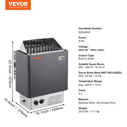 Bastuaggregat, 8KW elektrisk bastuugn, 400V 3N bärbar inomhus-/utomhusbastuaggregat med 3 timmars timer, inbyggda kontroller för 8-12 m³ hemmabruk, kommersiell hotellspadusch, max 110℃