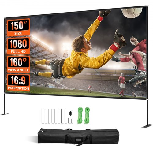 Outdoor Movie Screen w/ Stand, 150" Portable Movie Screen, 16:9 HD Wide Angle Outdoor Projector Screen, Front & Rear Projection, w/ Storage Bag & Stand for Office Home Theater Outdoor Indoor Use