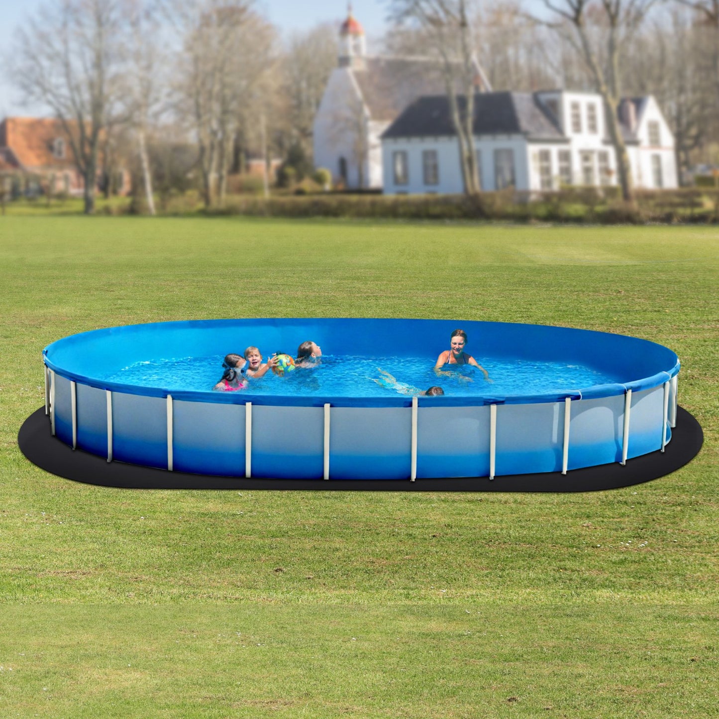 Oval poolmatta, 5,5 x 10 m poolmatta för ovanmarkspooler, extra tjock poolmatta, förhindrar punkteringar, underlag av återvunnet geotextilmaterial, förlänger fodrets livslängd