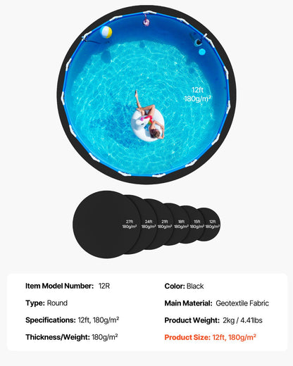 12 fot rund poolmatta, poolmatta för ovanmarkspooler, extra tjock poolmatta, förhindrar punkteringar, underlag av återvunnet geotextilmaterial, förlänger fodrets livslängd