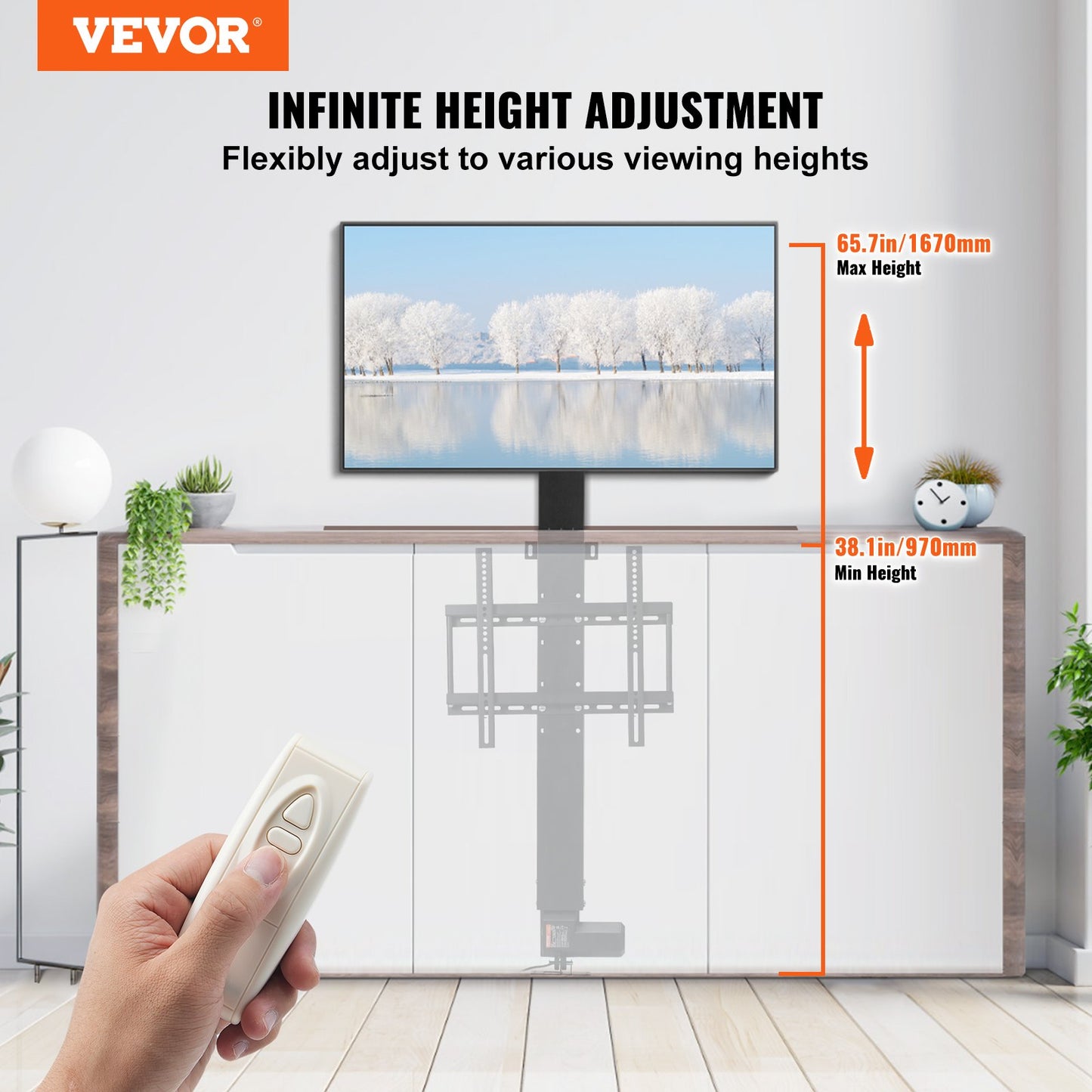 Motorized TV Lift Stroke Length 71.1 cm Motorized TV Mount Fit for 66–144.8 cm TV Lift with Remote Control Height Adjustable 71.1 cm Load Capacity 59.9 kg