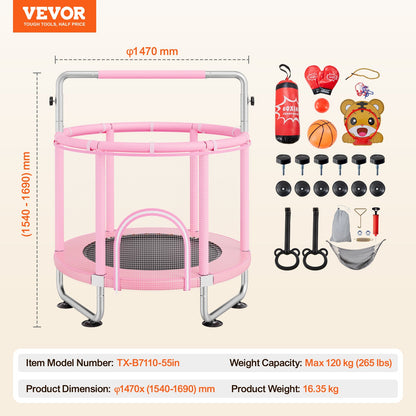 135 cm barnstudsmatta, 1,2 m inomhus- och utomhusstudsmatta, mini-studsmatta för småbarn med säkerhetsnät och basketkorg, födelsedagspresenter, julleksaker för barn från 3 år, rosa