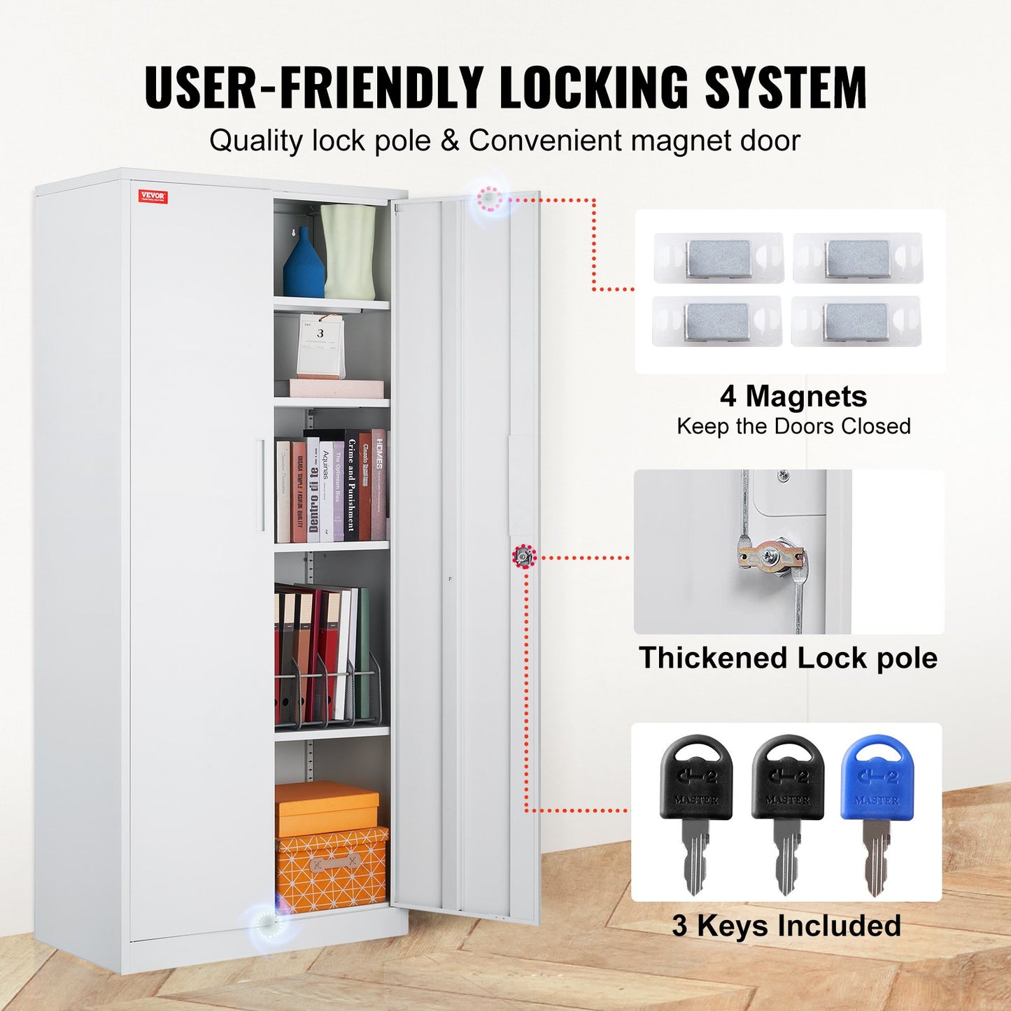 Förvaringsskåp i metall, låsbart förvaringsskåp i stål med 2 magnetiska dörrar och 4 justerbara hyllor, 71'' metallskåp, 200 lbs kapacitet per hyllplan med 3 nycklar, för kontor, hem, garage, vit