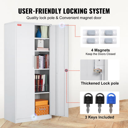 Förvaringsskåp i metall, låsbart förvaringsskåp i stål med 2 magnetiska dörrar och 4 justerbara hyllor, 71'' metallskåp, 200 lbs kapacitet per hyllplan med 3 nycklar, för kontor, hem, garage, vit
