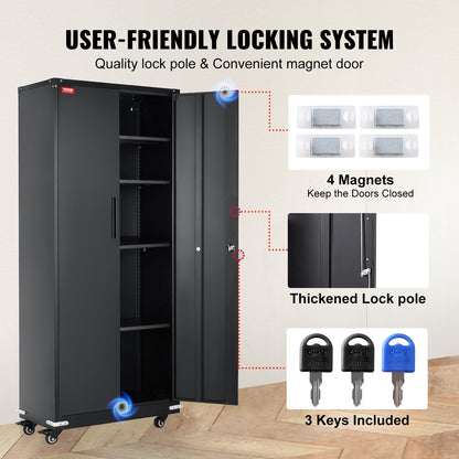Metallskåp med hjul, 190,5 cm låsbart skåp med 4 justerbara hyllor och 2 magnetiska dörrar, 90,7 kg kapacitet per hyllplan, metallskåp med 3 nycklar för kontor, garage, hem, svart