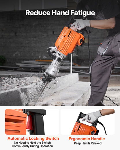 Demolition Jack Hammer Concrete Breaker 2200W Electric Hammer 6 Chisel Bits