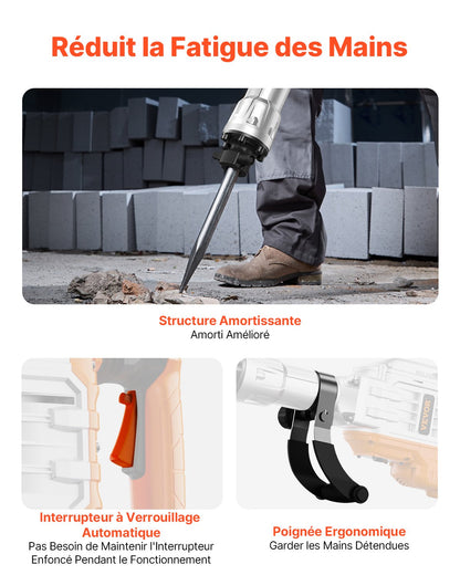 Demolition Jack Hammer, 3500W Jack Hammer Concrete Breaker, 1900 BPM Heavy Duty Electric Jack Hammer, 2pcs Chisel with Gloves & 360°C Swiveling Front Handle for Trenching and Breaking Holes