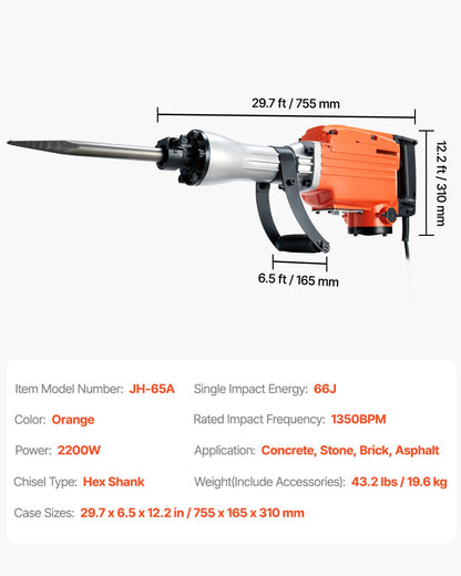 Demolition Jack Hammer Concrete Breaker 2200W Electric Hammer 2 Chisel Bits