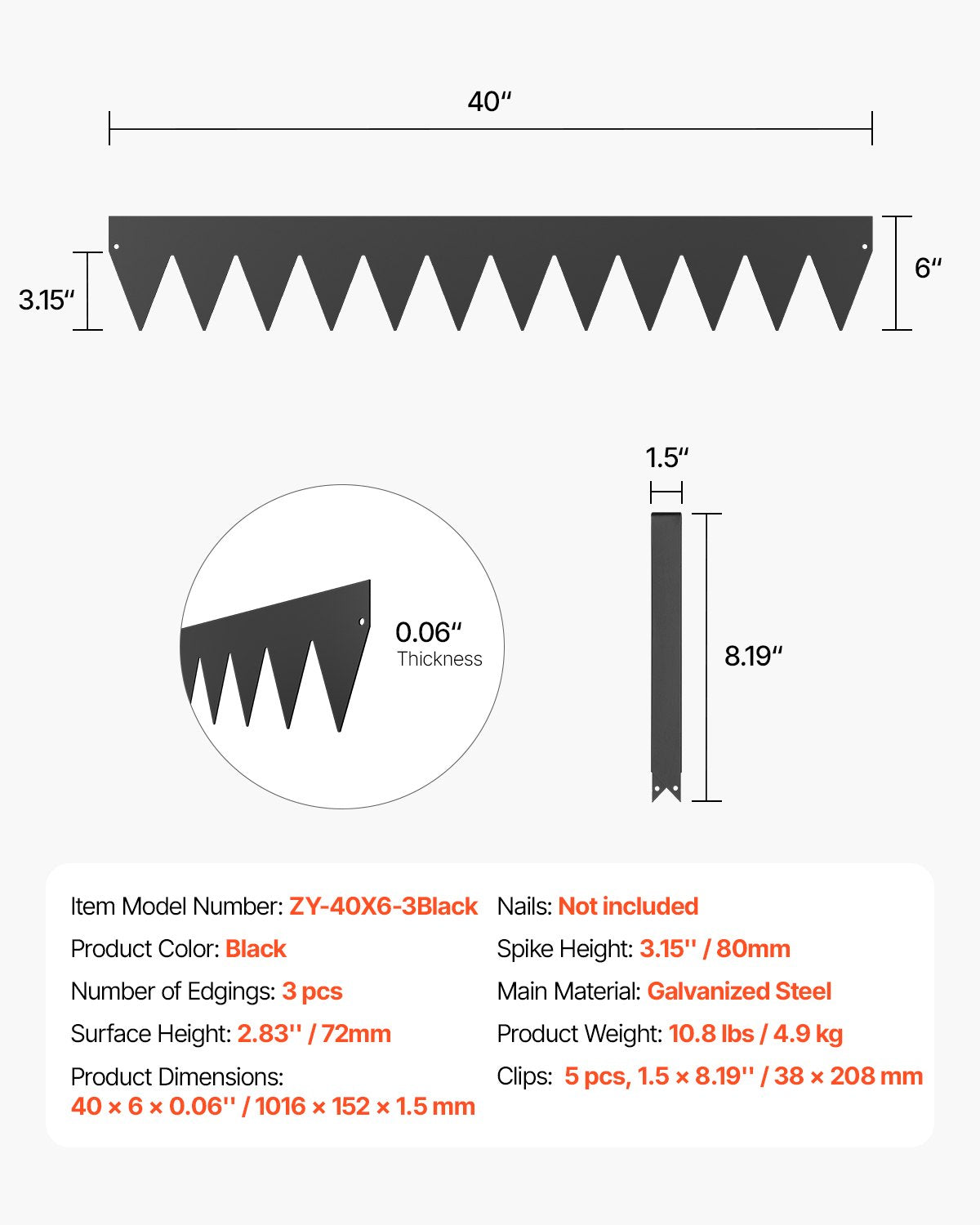 Stålkantlist, 3-pack 40 x 6 tum rostbeständig metallkantlist, böjbar trädgårdskant, kraftig gräsmatta, lätt att installera, rabattgångavdelare svart