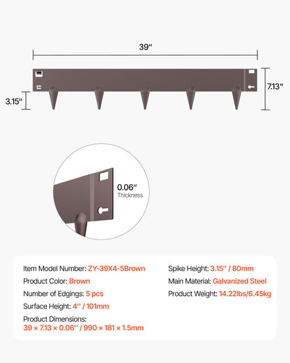 Stålkantlist, 5-pack 39 x 4 tum rostbeständig metallkantlist, böjbar trädgårdskant, kraftig gräsmatta, lätt att installera, rabattgångavdelare brun