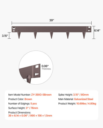Stålkantlist, 5-pack 39 x 3 tum rostbeständig metallkantlist, böjbar trädgårdskant, kraftig gräsmatta, lätt att installera, rabattgångavdelare brun
