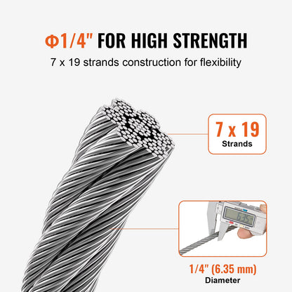 Wire Rope, 1/4" 250 ft Zinc Galvanized Carbon Steel Cable with Gloves, 7000 lbs Breaking Strength, 7 x 19 Strands Construction Marine Aircraft Grade for Handrail Stair Decking Fence Outdoors
