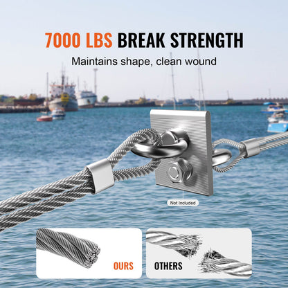 Wire Rope, 1/4" 250 ft Zinc Galvanized Carbon Steel Cable with Gloves, 7000 lbs Breaking Strength, 7 x 19 Strands Construction Marine Aircraft Grade for Handrail Stair Decking Fence Outdoors