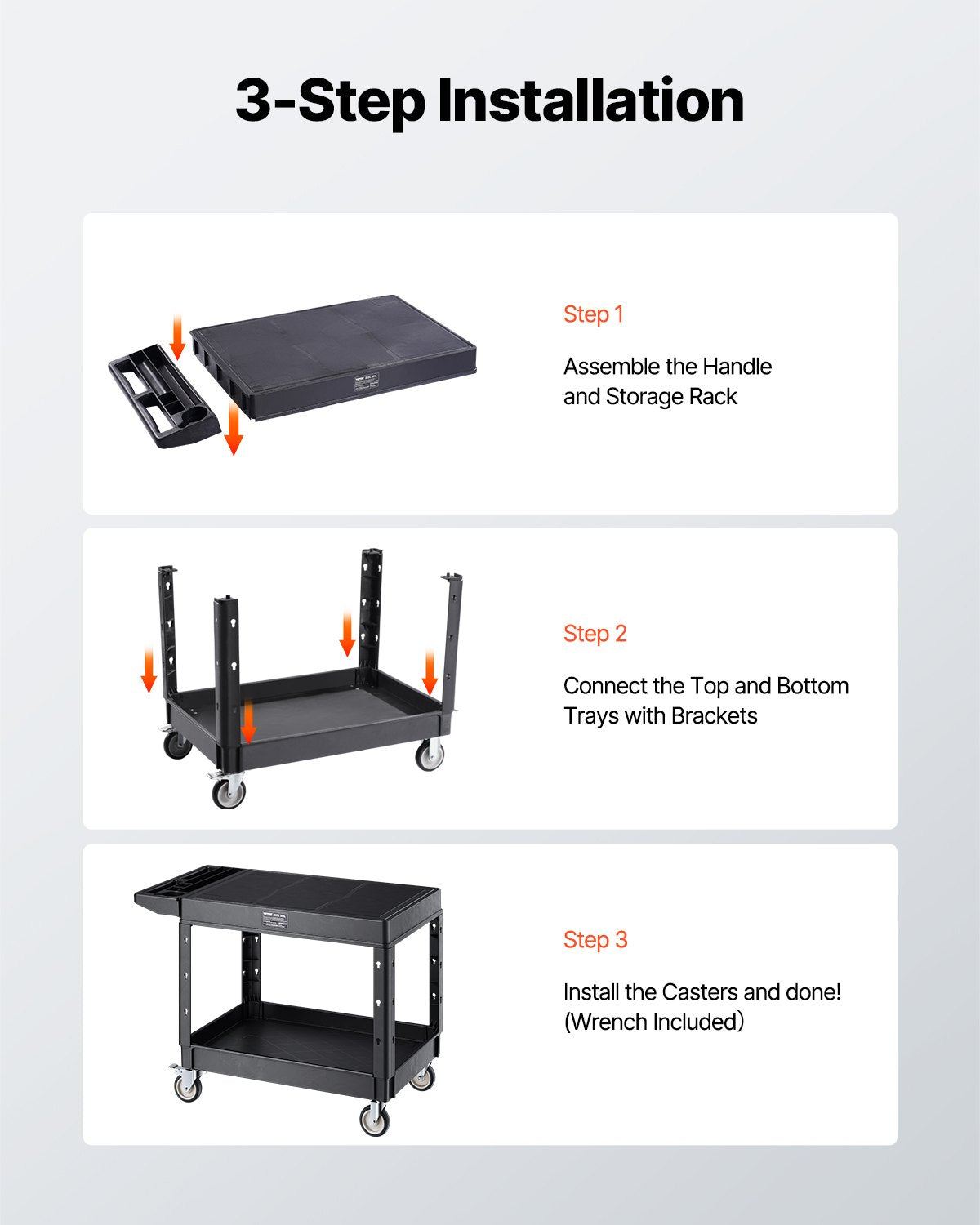 Utility Cart, 550 lbs Load Capacity, 37 x 25.4-inch Service Cart, Two-Shelf Heavy Duty Plastic Utility Cart with 360° Swivel Wheels (2 with Brakes), Suitable for Warehouse, Garage, Cleaning